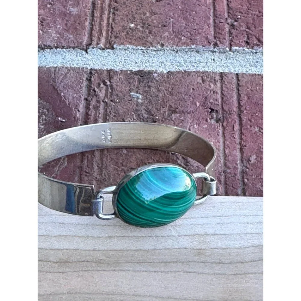 Sterling Silver Malachite Oval Bracelet 925 Vintage - Picture 7 of 7